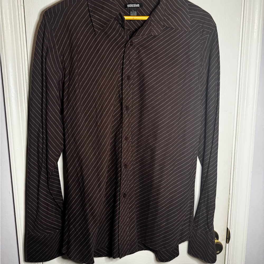 Massive Men's Brown Striped Casual Button Down Shirt
